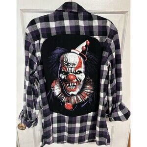 Upcycled Clown Horror Button Up Flannel Shirt  Size XL Unisex Scary Purple Plaid